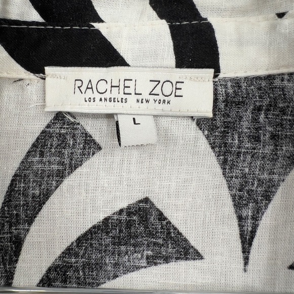 Rachel Zoe Black White Geometric Art Deco Linen Tie Front Blouse L - Picture 3 of 7